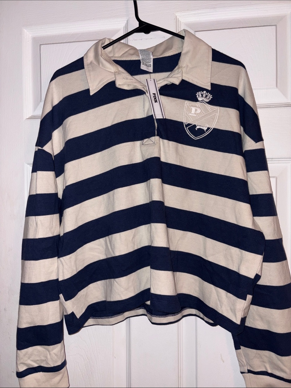 PINK Victoria's Secret Navy and Cream Striped Quarter-Zip Rugby
